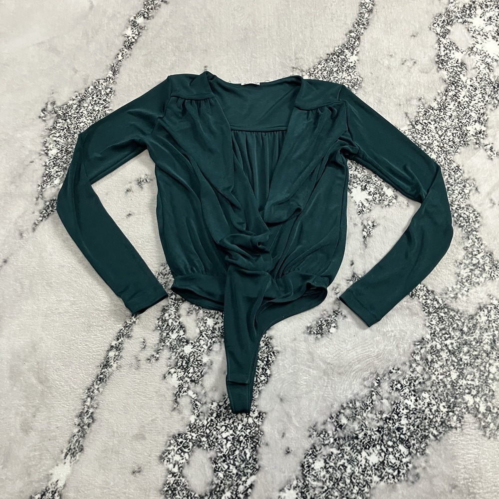 Free People Bodysuit Womens Size Small Teal Sheer Long Sleeve Twist Front V Neck